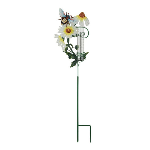 Decorative garden stake with flowers and a bee on a white background