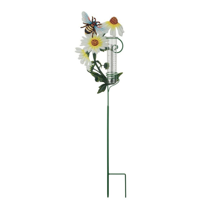Decorative garden stake with flowers and a bee on a white background