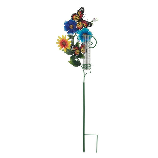 Decorative garden stake with flowers and butterflies on a white background