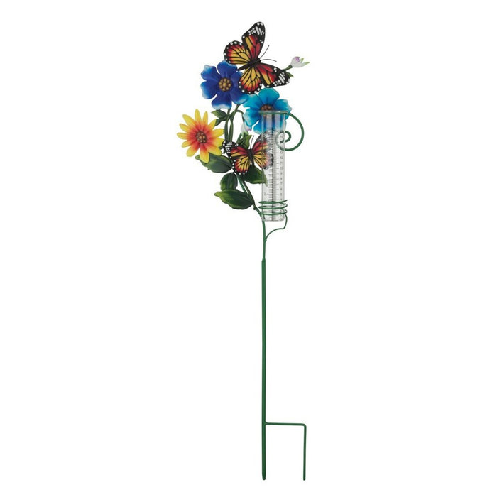 Decorative garden stake with flowers and butterflies on a white background