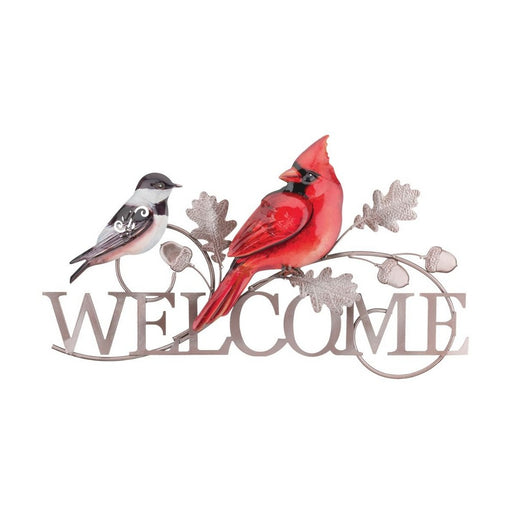 Decorative metal sign with two birds and the word 'WELCOME' on a white background
