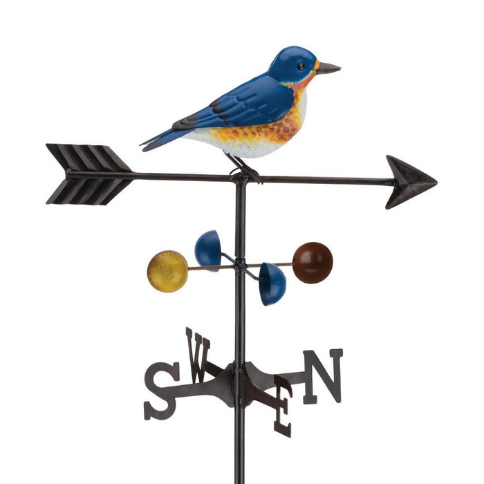 Decorative weather vane with a bluebird on top against a white background