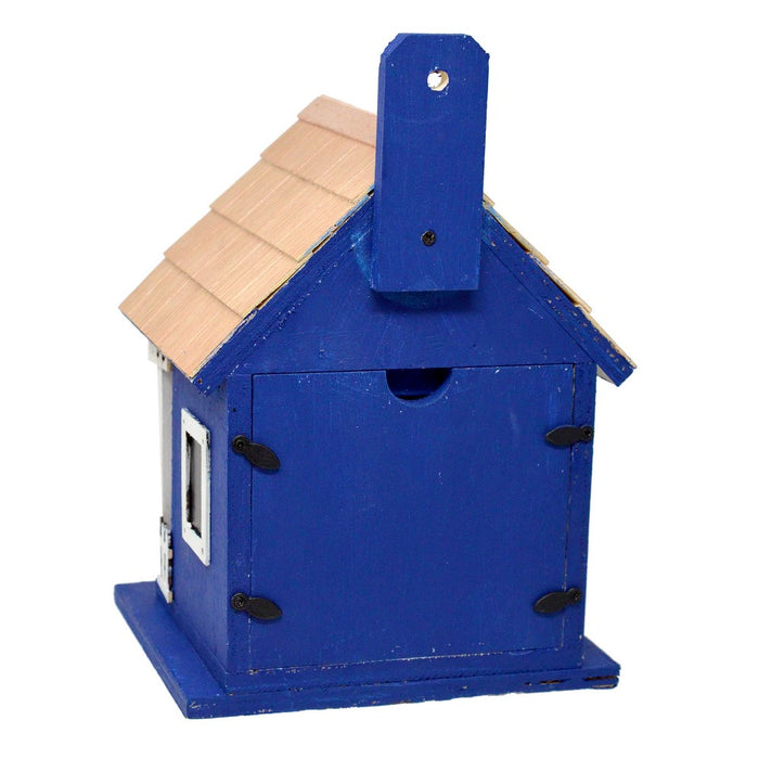 Blue birdhouse with a brown roof on a white background