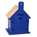 Blue birdhouse with a brown roof on a white background