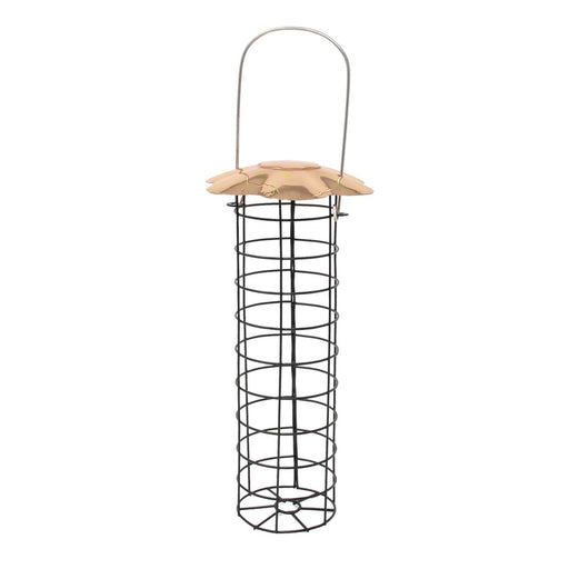 Bird feeder with wooden top and metal cage on a white background