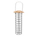 Bird feeder with wooden top and metal cage on a white background