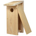 Wooden birdhouse with a triangular roof on a white background