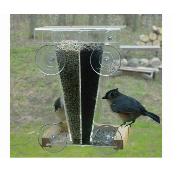 Bird feeder with two birds perched on it in a natural setting