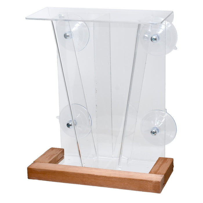 Clear glass bird feeder with wooden base on a white background
