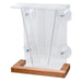 Clear glass bird feeder with wooden base on a white background