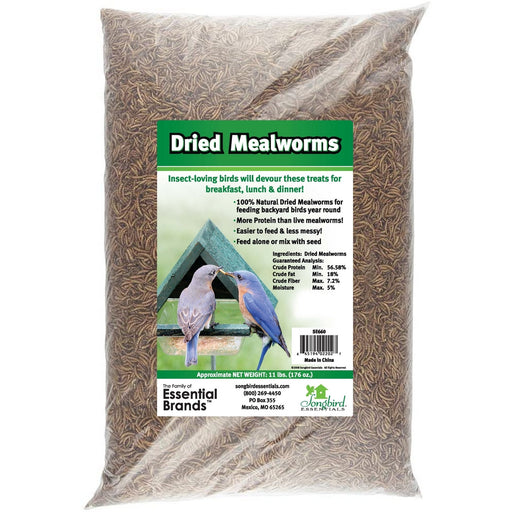 Bag of dried mealworms with a label on a white background