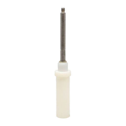 White cylindrical tool with a metal rod on a white background