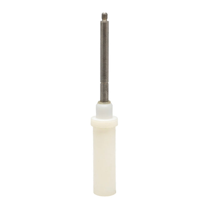 White cylindrical tool with a metal rod on a white background