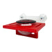 Red plastic device with a black component on a white background