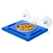 Blue pet feeder with a transparent bowl containing cat food on a white background