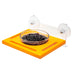 Orange tray with a bowl of black caviar and suction cups on a white background
