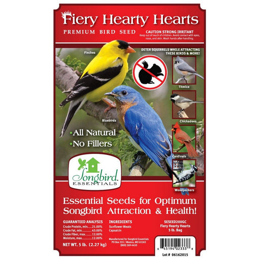 Longbird Essentials Fiery Hearty Hearts bird seed package with images of birds and text on a white background.
