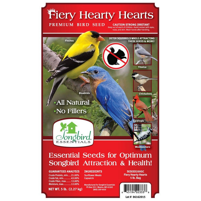 Longbird Essentials Fiery Hearty Hearts bird seed package with images of birds and text on a white background.