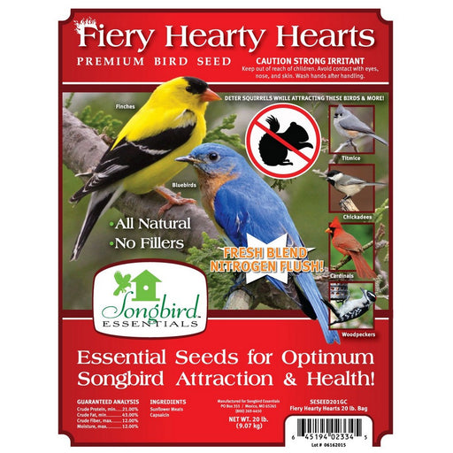 Longbird Essentials Fiery Hearty Hearts bird seed package with birds on the cover