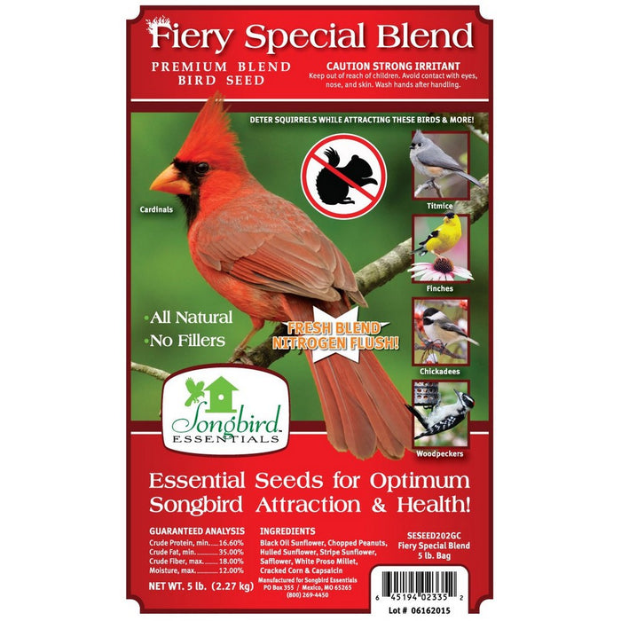 Bird seed package with a cardinal on the label, featuring Songbird Essentials branding.