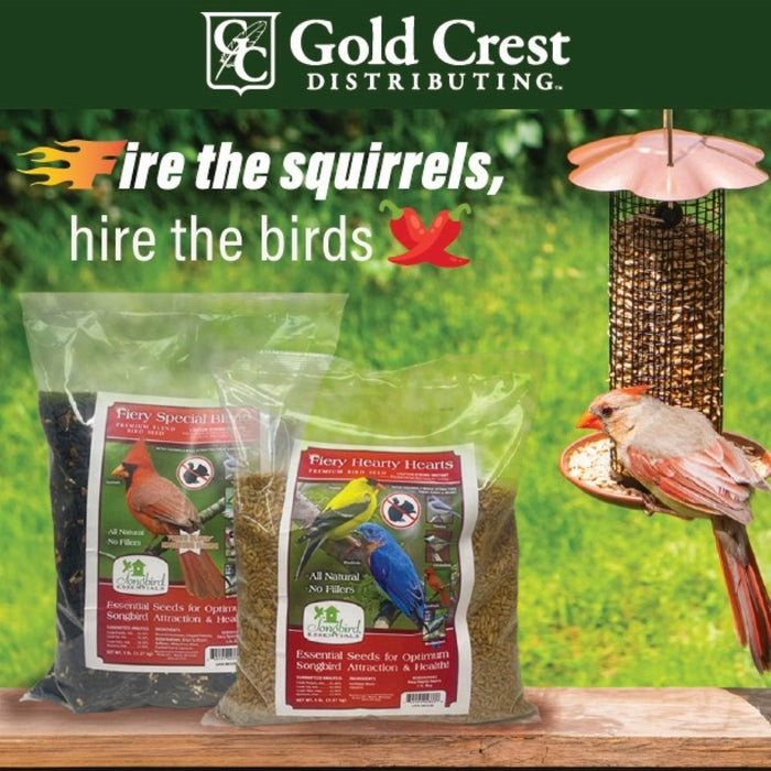 Gold Crest Distributing bird seed packages and feeder with a cardinal on a green background