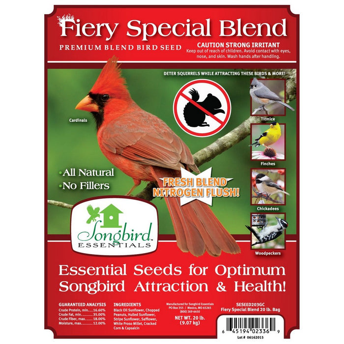 Longbird Essentials Fiery Special Blend bird seed package with a cardinal on the label.