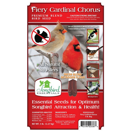 Bird seed package with cardinals and squirrel illustration on a red background