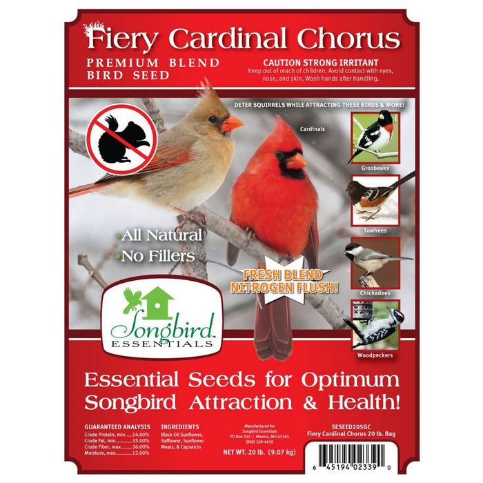 Longbird Essentials Fiery Cardinal Chorus bird seed package with images of cardinals and other birds.