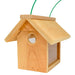 Wooden birdhouse with a green string on a white background