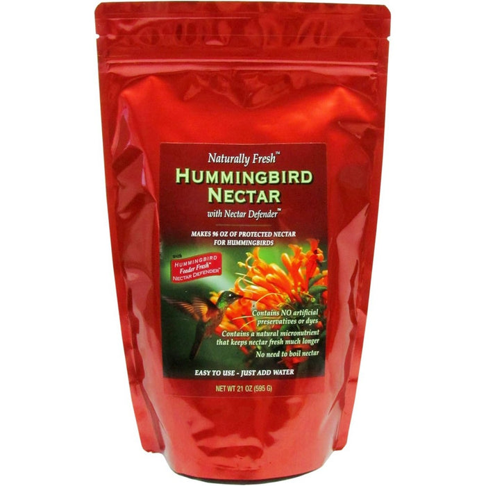 Red package 21 OZ of hummingbird nectar with a label on a white background