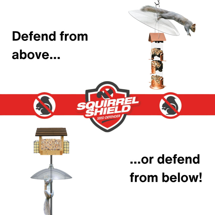 Squirrel Shield seed feeder with text 'Defend from above' and 'or defend from below' on a white background.