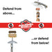 Squirrel Shield seed feeder with text 'Defend from above' and 'or defend from below' on a white background.