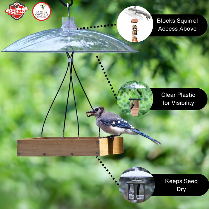 Bird feeder with clear plastic cover and wooden platform, featuring Squirrel Shields branding.