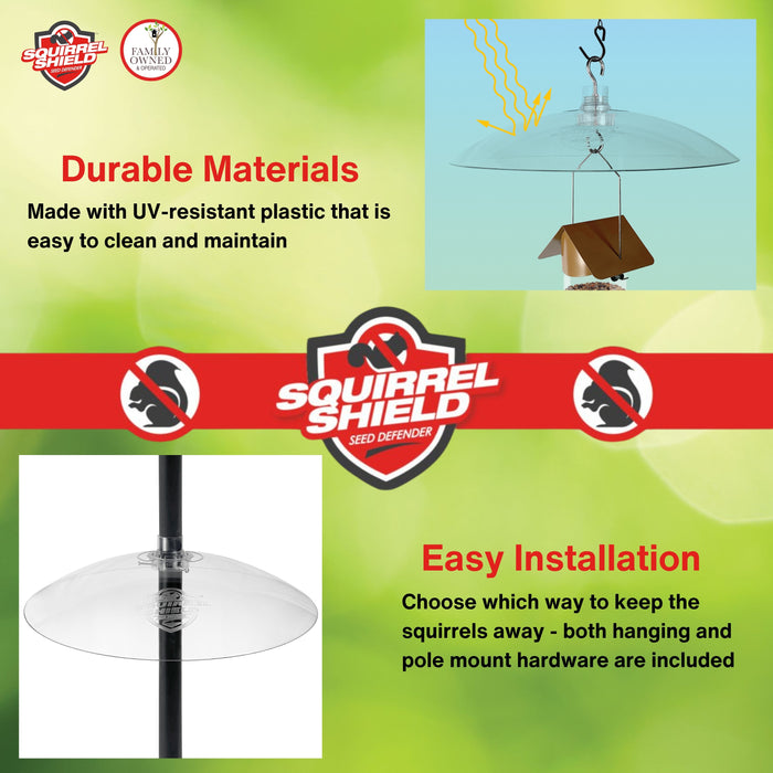 Squirrel Shield product advertisement with text about durable materials and easy installation on a green background.