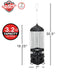 Black bird feeder with dimensions and Squirrel Shield branding on a white background