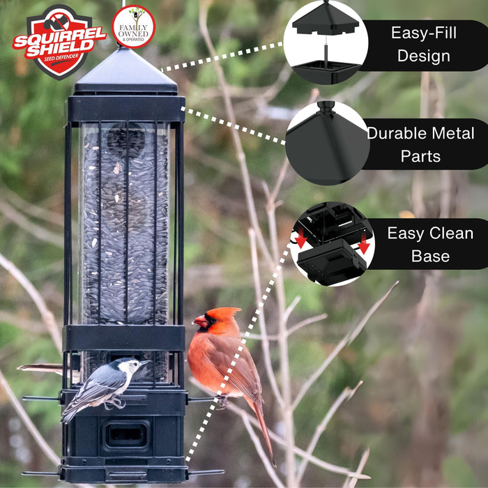 Bird feeder with squirrels discouraged, featuring Squirrel Shield logo and bird species on a natural background.