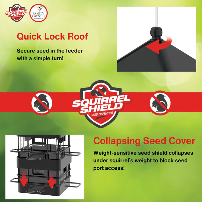 Squirrel Shield seed feeder with quick lock roof and collapsing seed cover on a green background