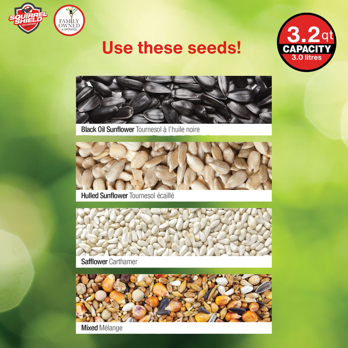 Seed packaging with images of black oil sunflower, hulled sunflower, and safflower seeds on a green background.