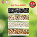 Seed packaging with images of black oil sunflower, hulled sunflower, and safflower seeds on a green background.