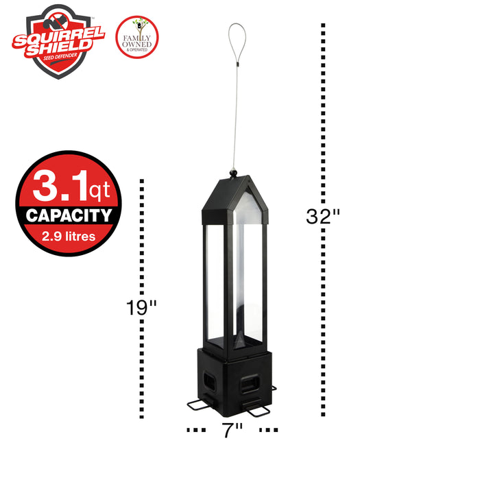 Black bird feeder with Squirrel Shield logo and capacity label on a white background
