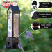 Bird feeder with features highlighted on a blurred green background