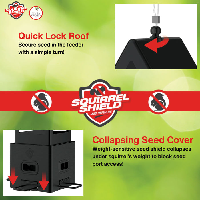 Squirrel Shield seed feeder with quick lock roof and collapsing seed cover on a green background
