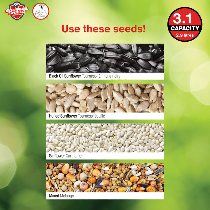 Seeds packaging with images of black oil sunflower, hulled sunflower, safflower, and mixed seeds on a green background.