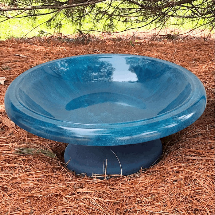 Azure Blue Fiber Birdbath Bowl With Small Base in Backyard