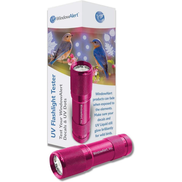 Pink UV flashlight tester with WindowAlert packaging on a white background