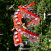 Hummingbird feeder with red and clear design, surrounded by hummingbirds against a green background