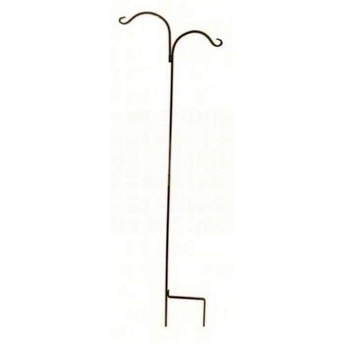 Black metal garden stand with dual hooks on a white background