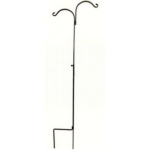 Black metal garden stand with two hooks on a white background