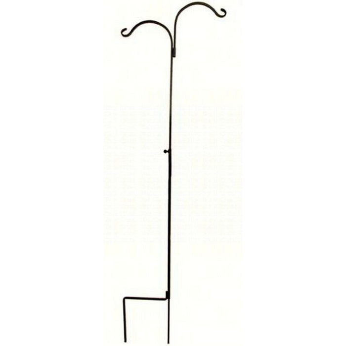 Black metal garden stand with two hooks on a white background