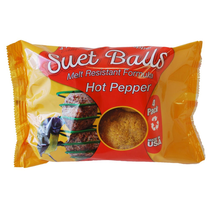 Pack of hot pepper suet balls with a yellow and red label on a white background